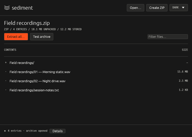sediment showing the contents of a ZIP archive, dark appearance